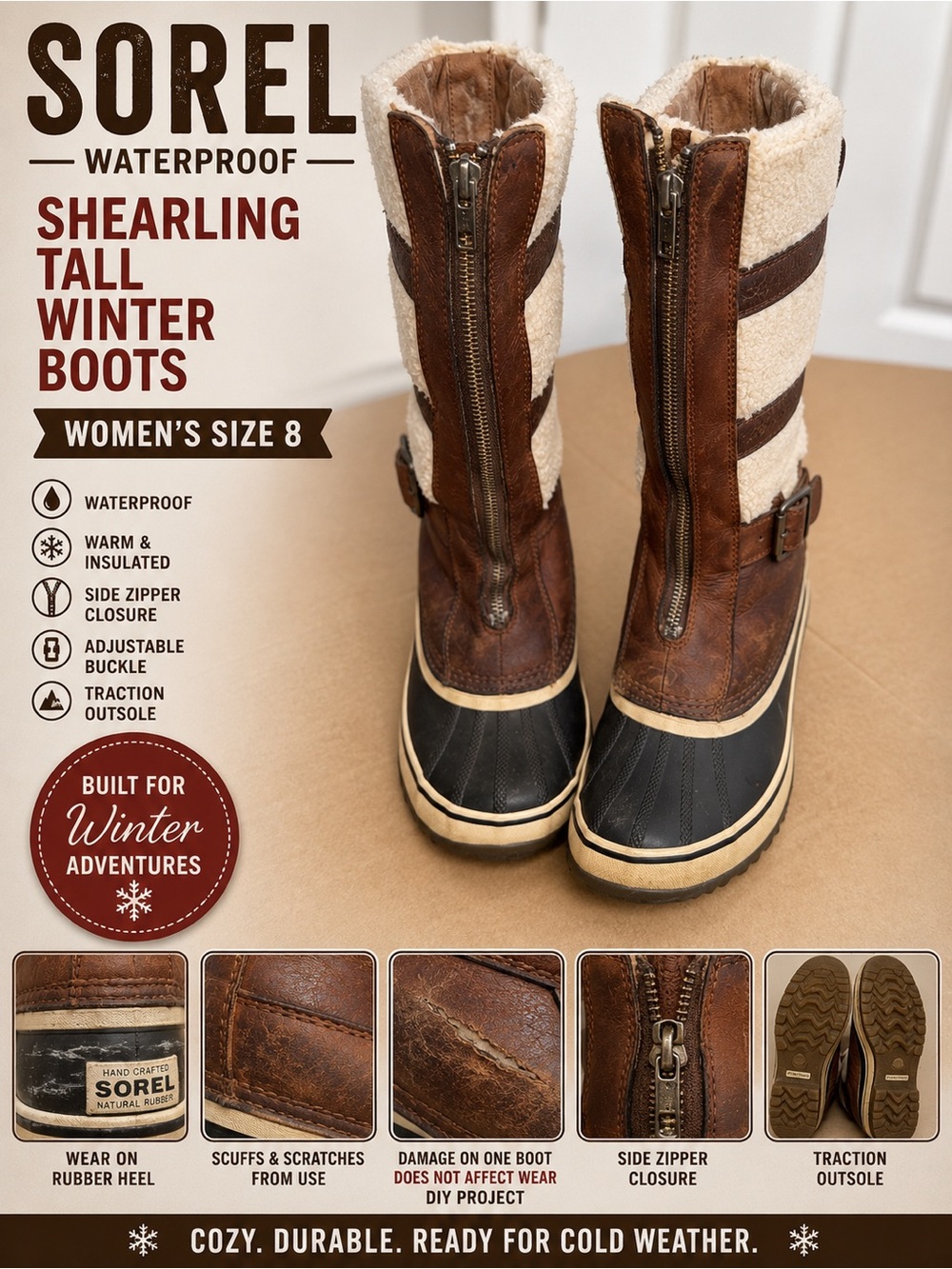 Sorel Waterproof Shearling Tall Winter Boots Brown Leather Women’s Size 8